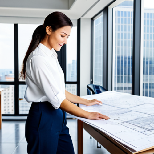 **

A professional architect, fully clothed in a stylish yet modest outfit of dark blue dress pants and a crisp white button down shirt, stands in front of a blueprint table covered in building plans. The setting is a bright, modern architectural office with large windows showcasing a cityscape. Natural pose, correct proportions, well-formed hands, proper finger count. Safe for work, appropriate content, family-friendly, professional photograph.

**