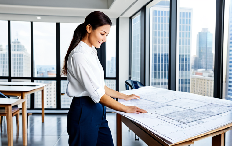 **
A professional architect, fully clothed in a stylish yet modest outfit of dark blue dress pants and a crisp white button down shirt, stands in front of a blueprint table covered in building plans. The setting is a bright, modern architectural office with large windows showcasing a cityscape. Natural pose, correct proportions, well-formed hands, proper finger count. Safe for work, appropriate content, family-friendly, professional photograph.
**