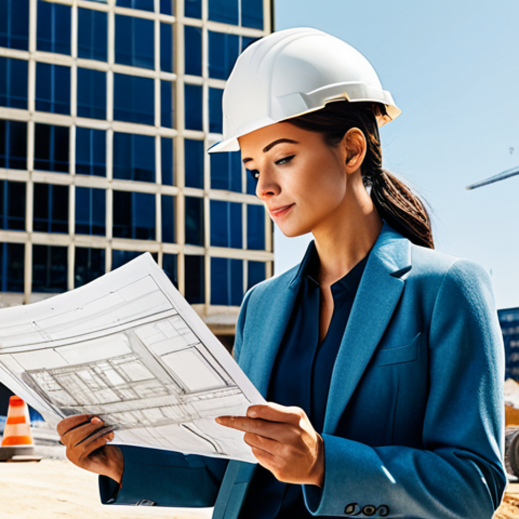 데이터과학에서의 머신러닝 모델 평가법 - **Prompt:** A professional architect, fully clothed in a stylish but modest outfit, reviewing bluepr...