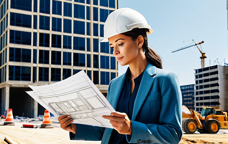 데이터과학에서의 머신러닝 모델 평가법 - **Prompt:** A professional architect, fully clothed in a stylish but modest outfit, reviewing bluepr...