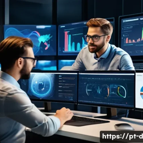 데이터과학 실무에서의 워크플로우 자동화 - A modern data science workspace featuring a diverse team of professionals collaborating around multi...