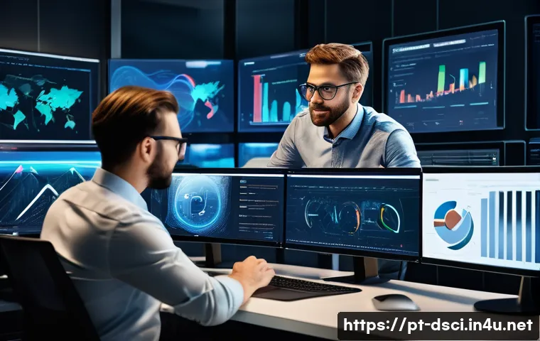 데이터과학 실무에서의 워크플로우 자동화 - A modern data science workspace featuring a diverse team of professionals collaborating around multi...