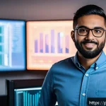 데이터과학자와 데이터엔지니어 차이 - A modern data engineer working in a bright, high-tech office, surrounded by multiple computer screen...