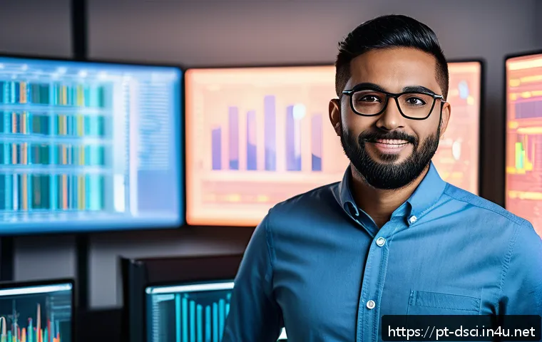 데이터과학자와 데이터엔지니어 차이 - A modern data engineer working in a bright, high-tech office, surrounded by multiple computer screen...