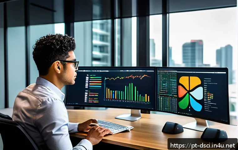 데이터과학과 통계학 차이 - A modern Brazilian data analyst workspace featuring a professional sitting at a sleek desk with mult...