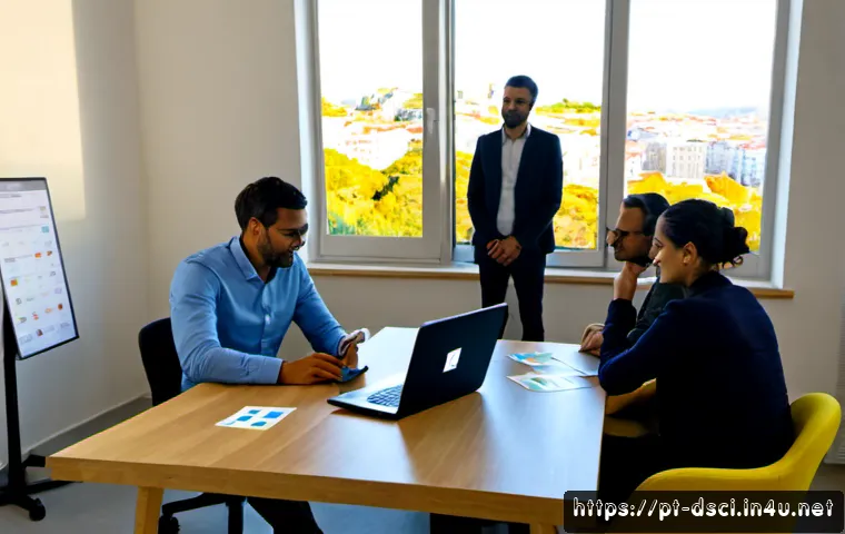 데이터과학 프로젝트 관리 기법 - Photorealistic data science project management meeting in a bright modern Lisbon office, diverse Por...